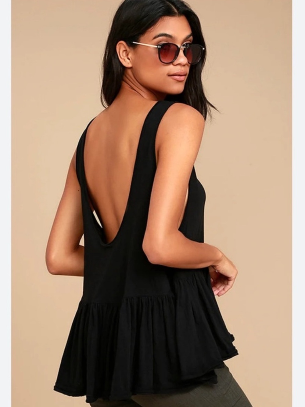 Free People M Cantina Tee Washed Black Ruffle Hem Boho Rare Discontinued